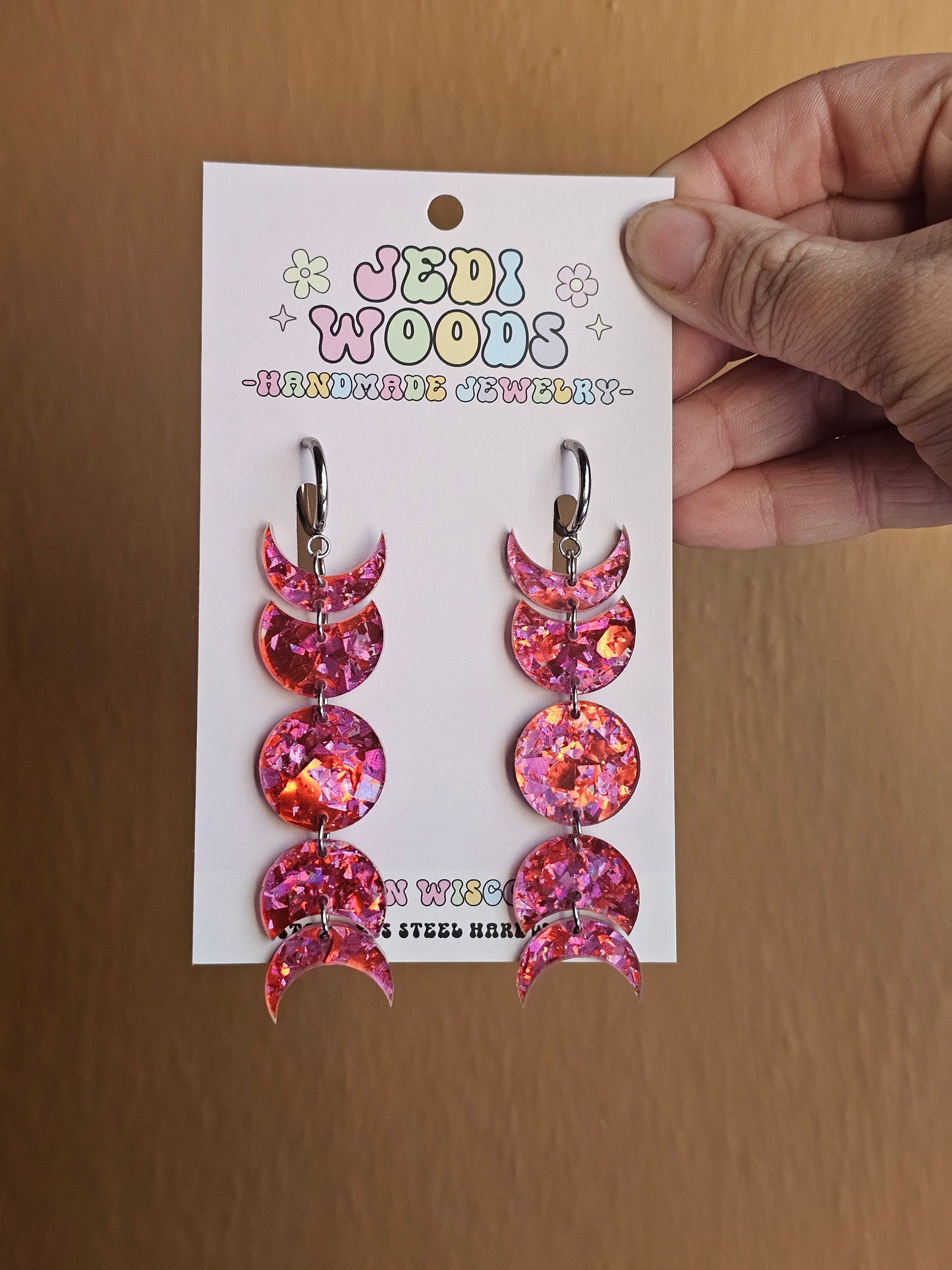 Pink Crackle Glass Moon Phase Earrings