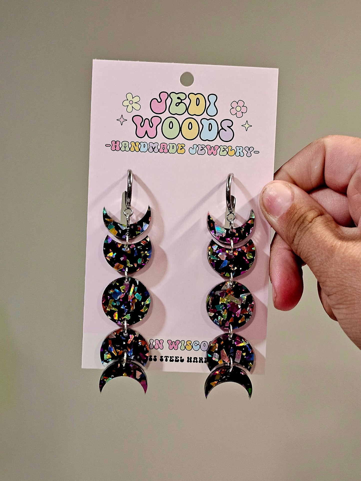 Black Rainbow Flake Moon Phase Earrings
