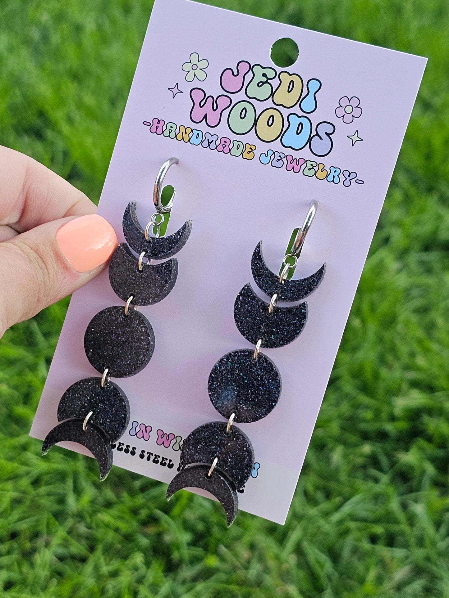 Black Glitter Moon Phase Earrings
