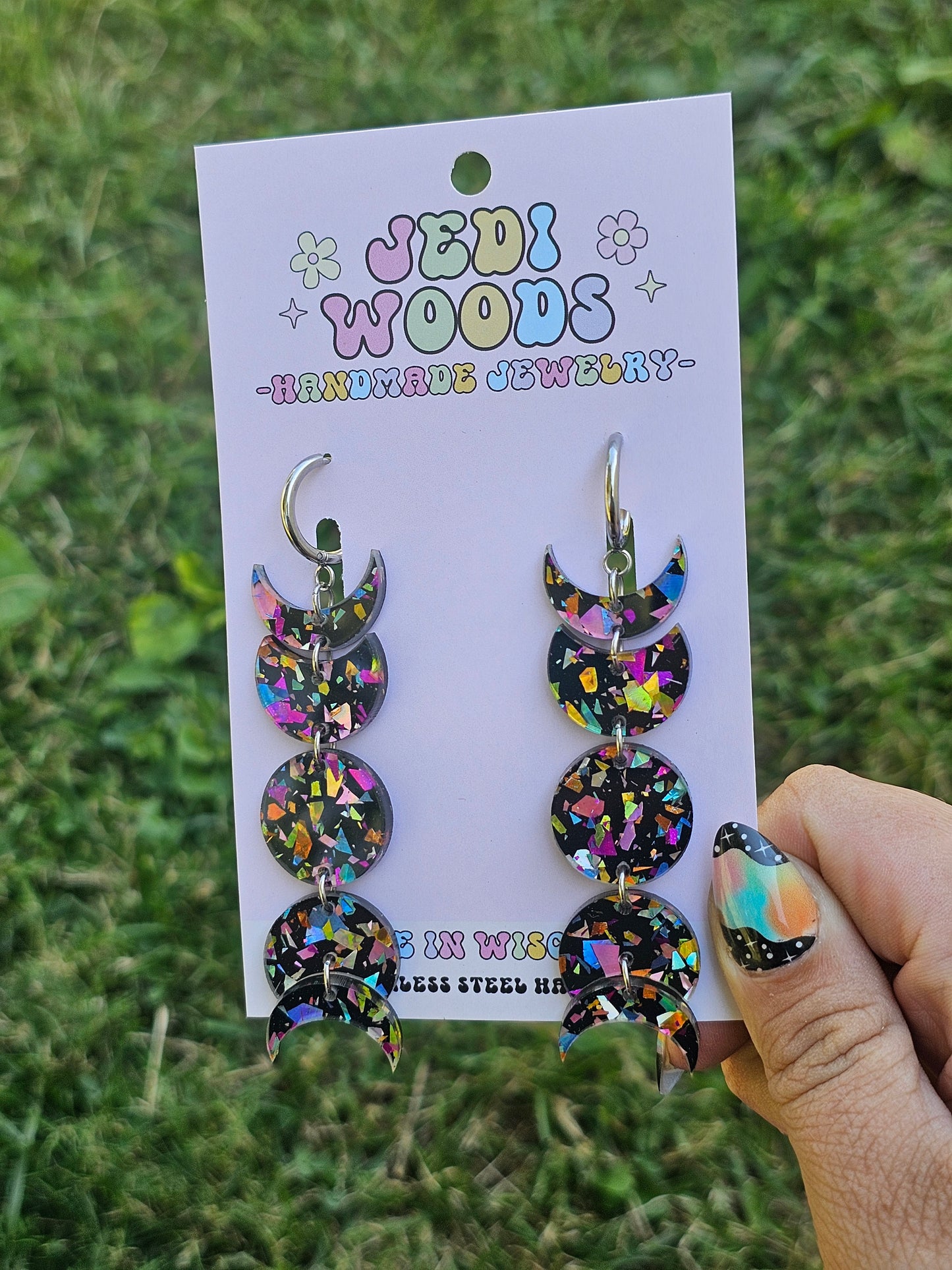 Black Rainbow Flake Moon Phase Earrings