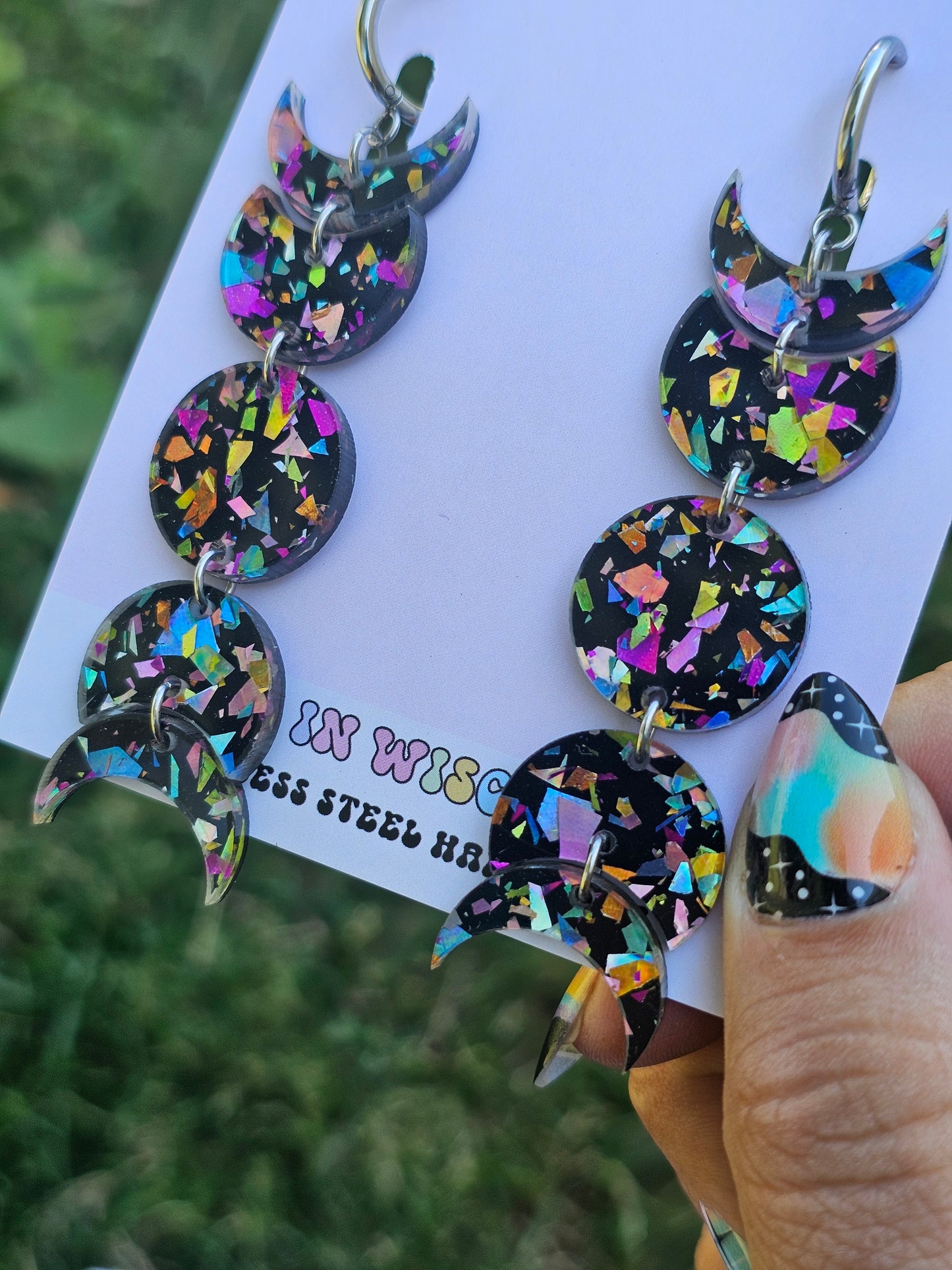 Black Rainbow Flake Moon Phase Earrings