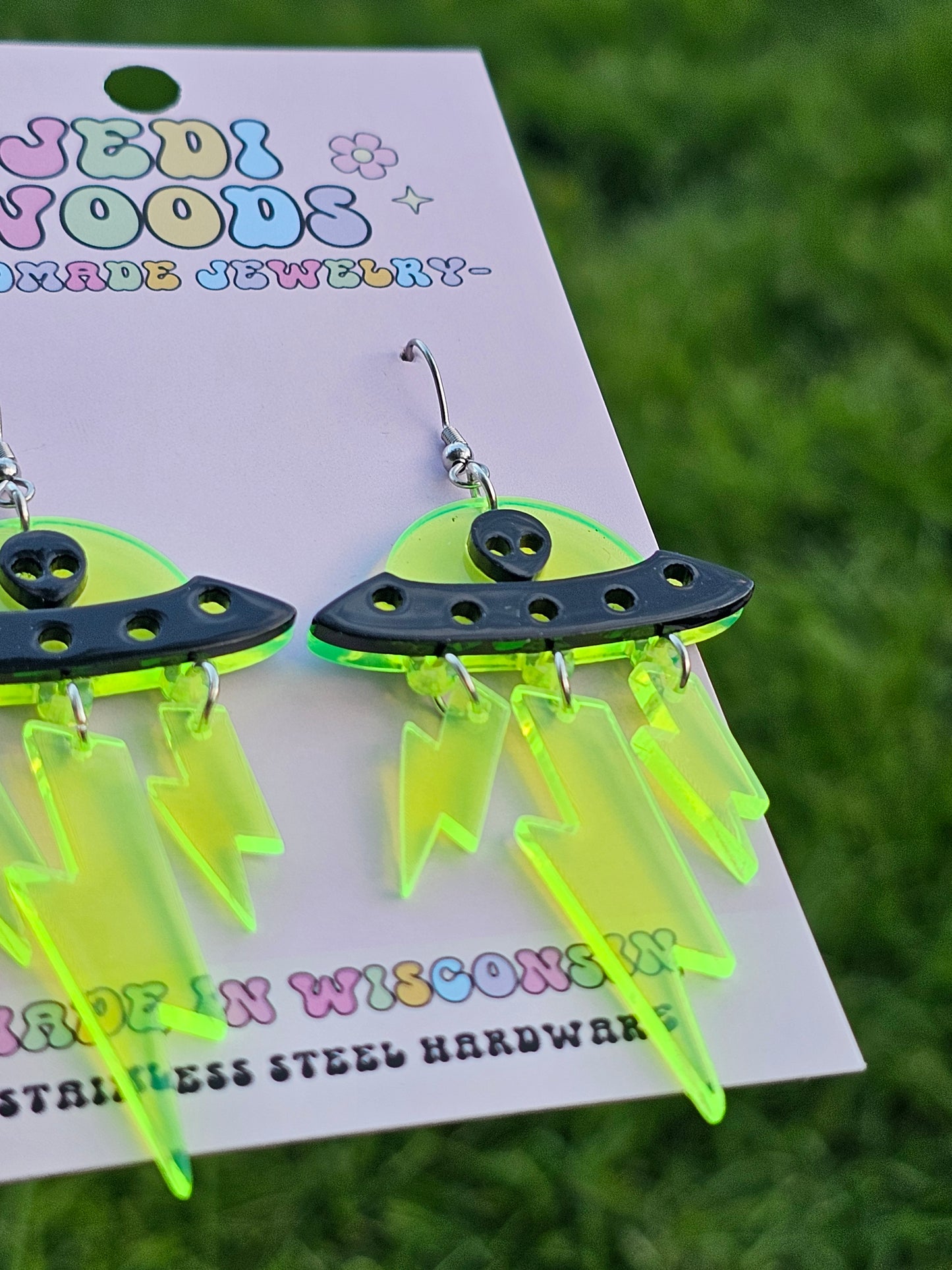 Alien Invasion SpaceShip Earrings with Blacklight Reactive Acrylic