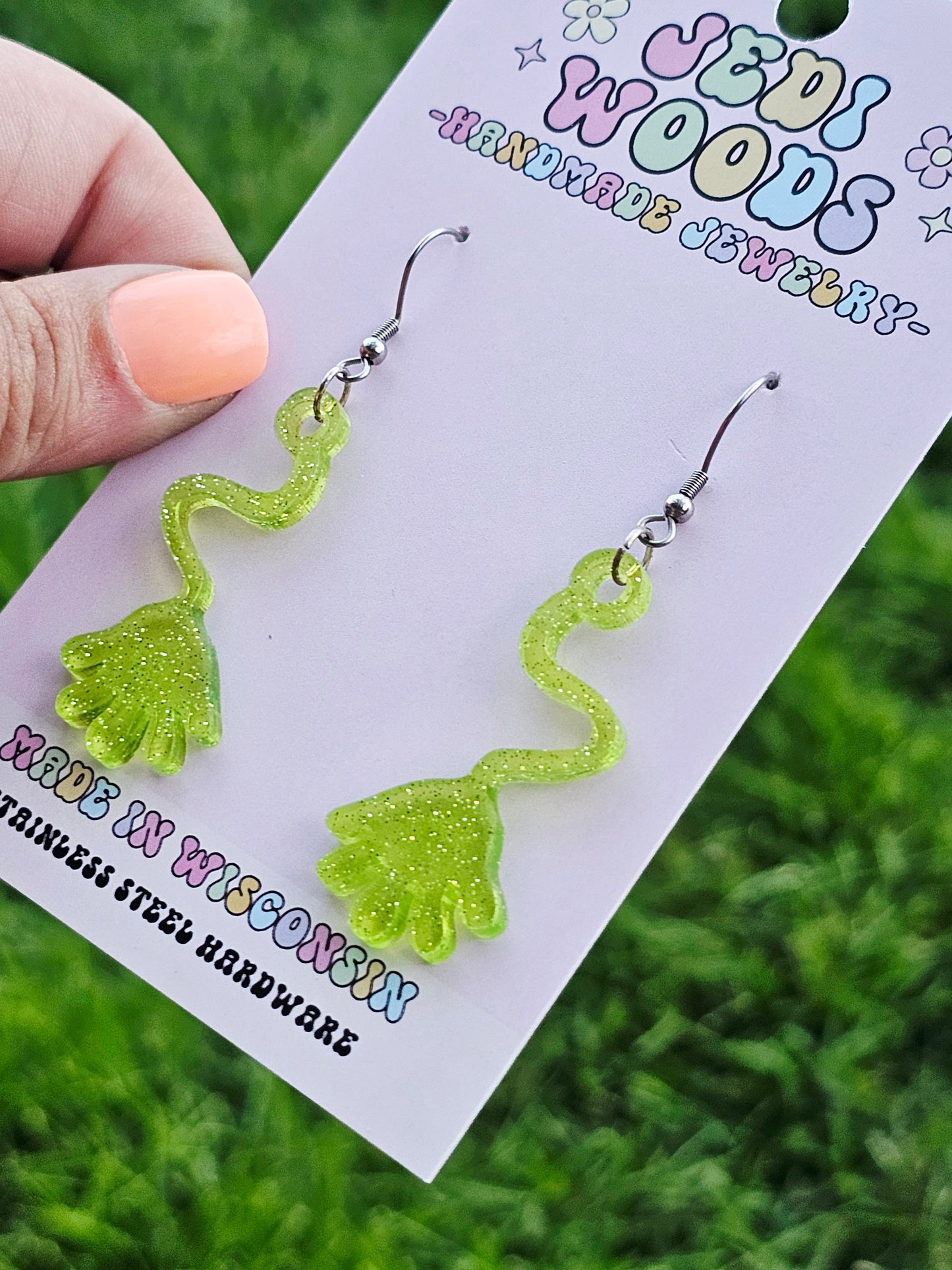 Green Retro Slappy Hand Earrings
