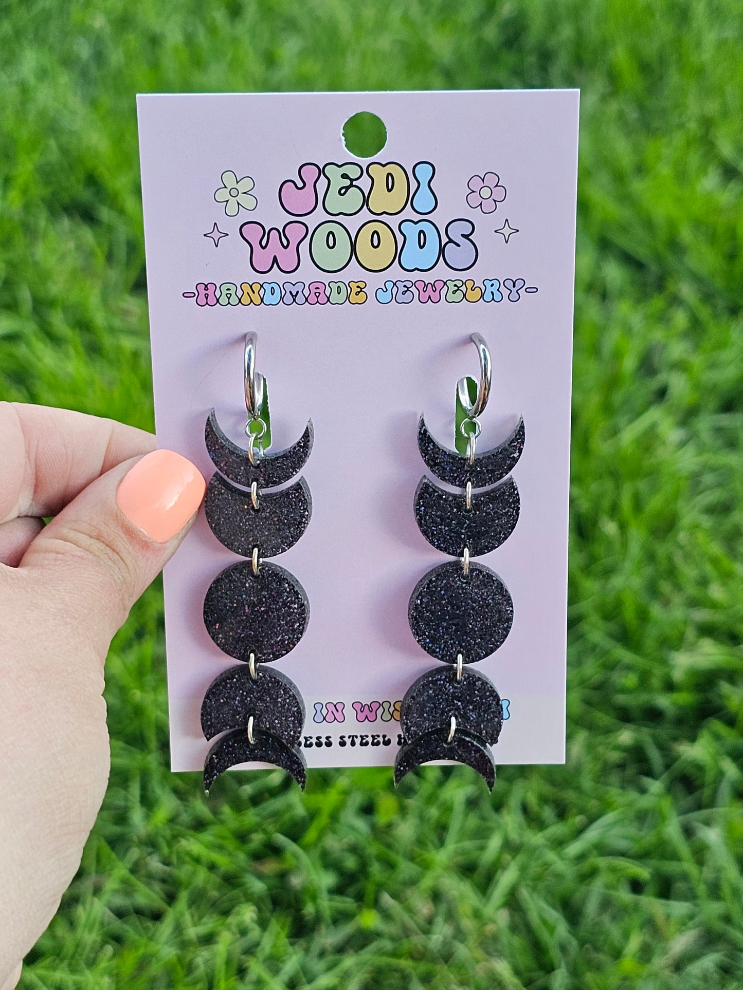 Black Glitter Moon Phase Earrings