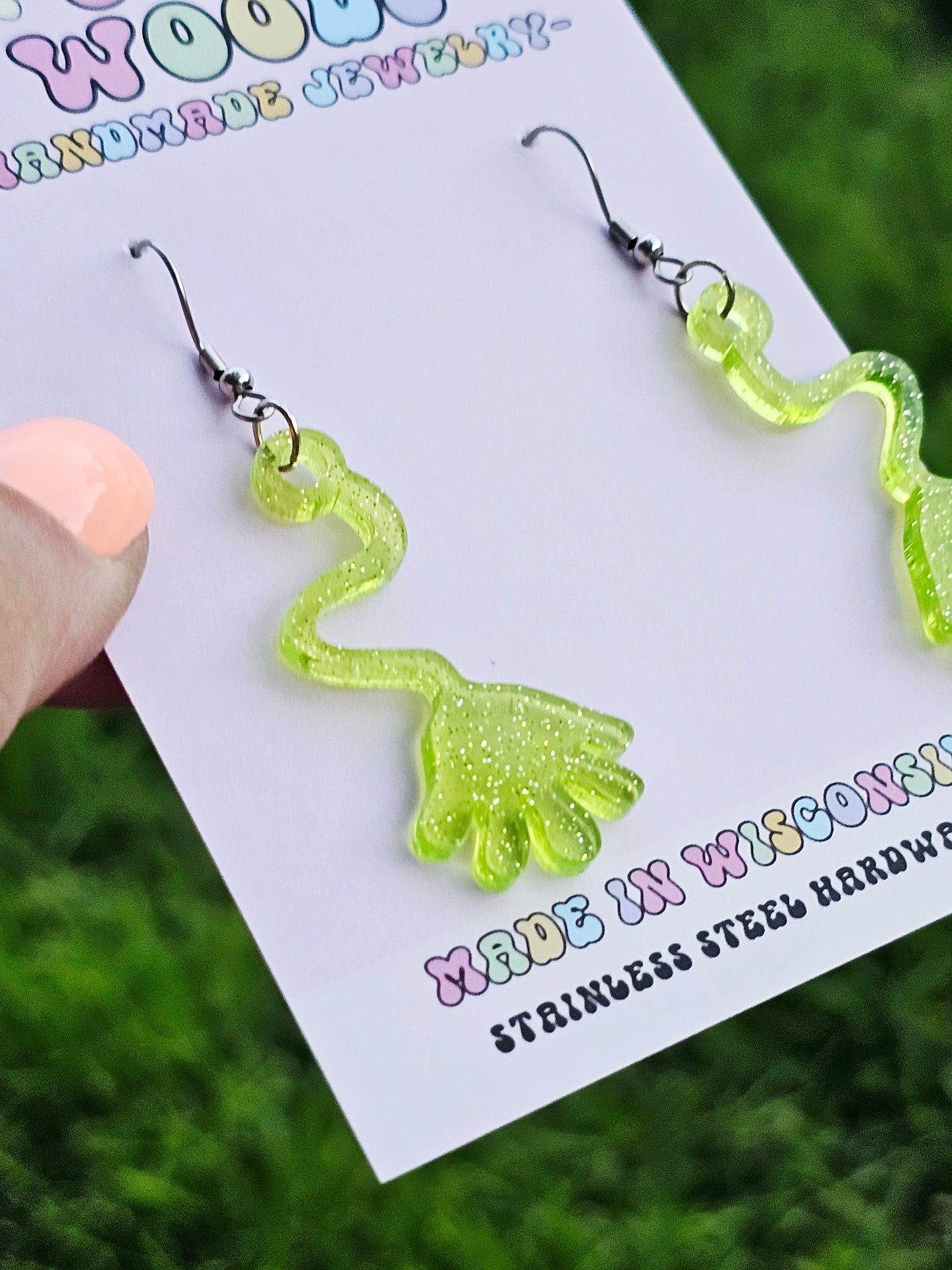 Green Retro Slappy Hand Earrings
