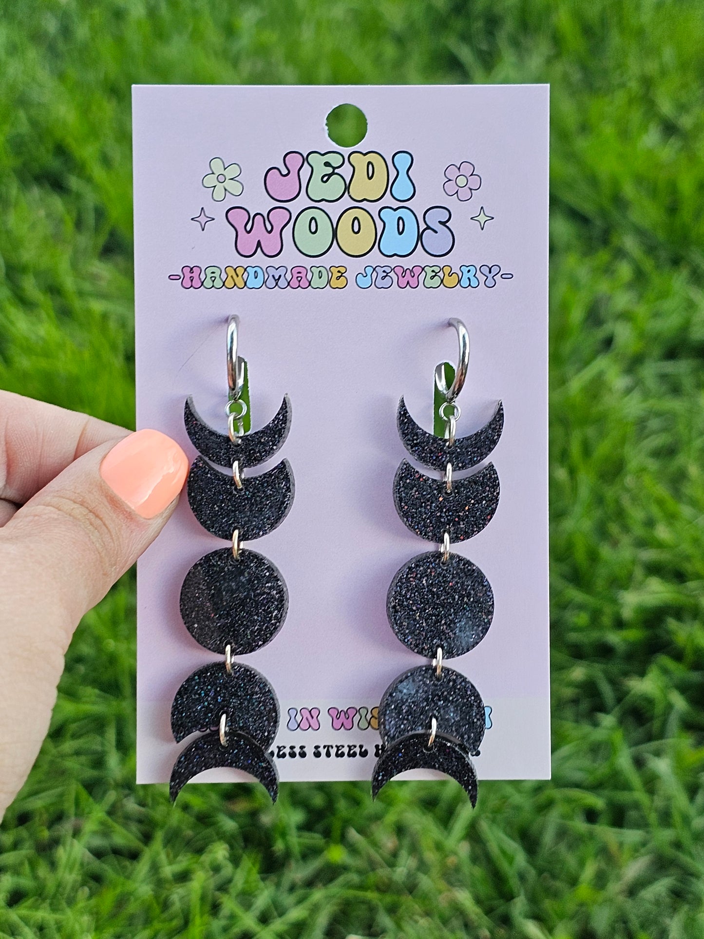 Black Glitter Moon Phase Earrings