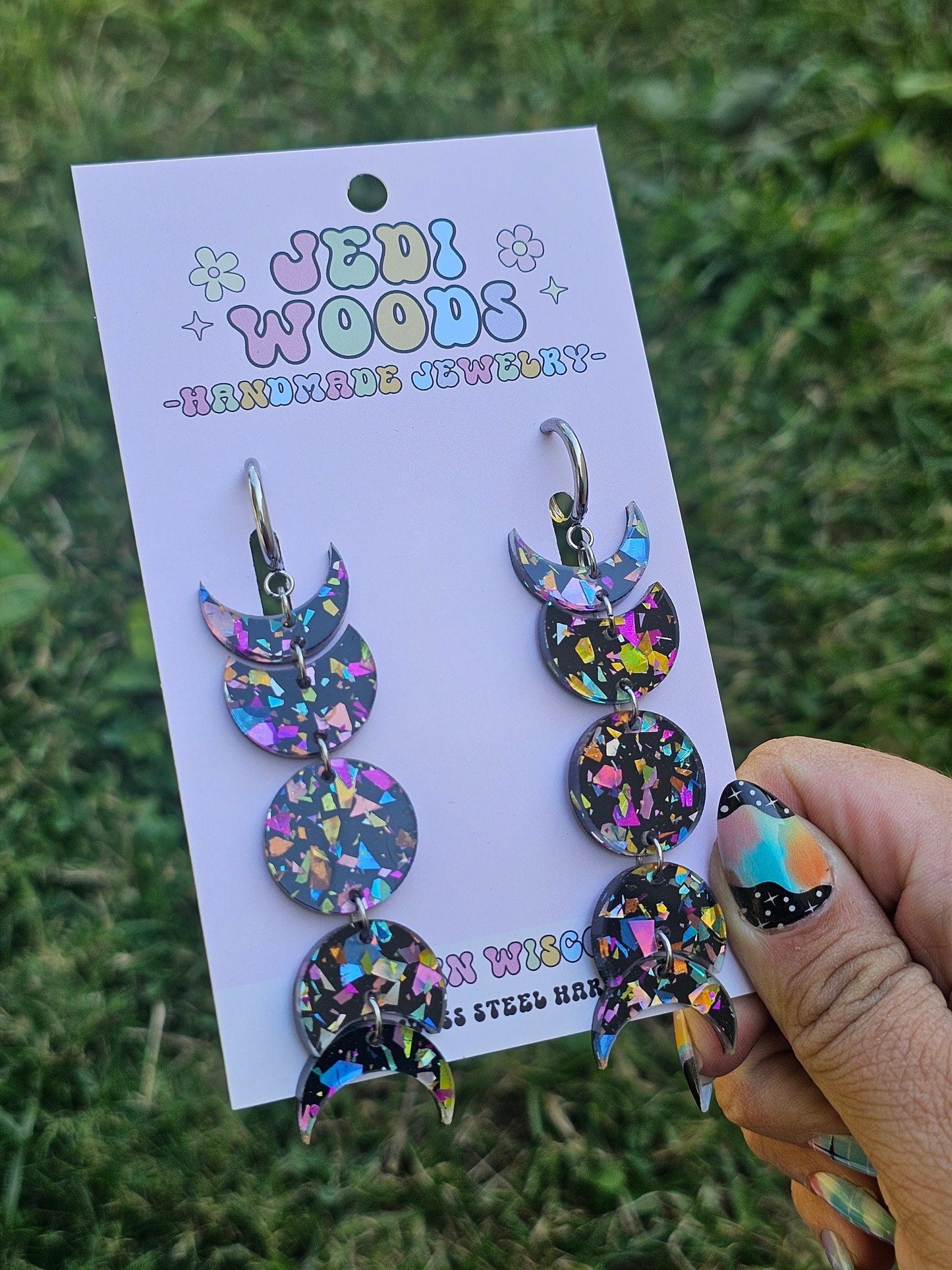 Black Rainbow Flake Moon Phase Earrings