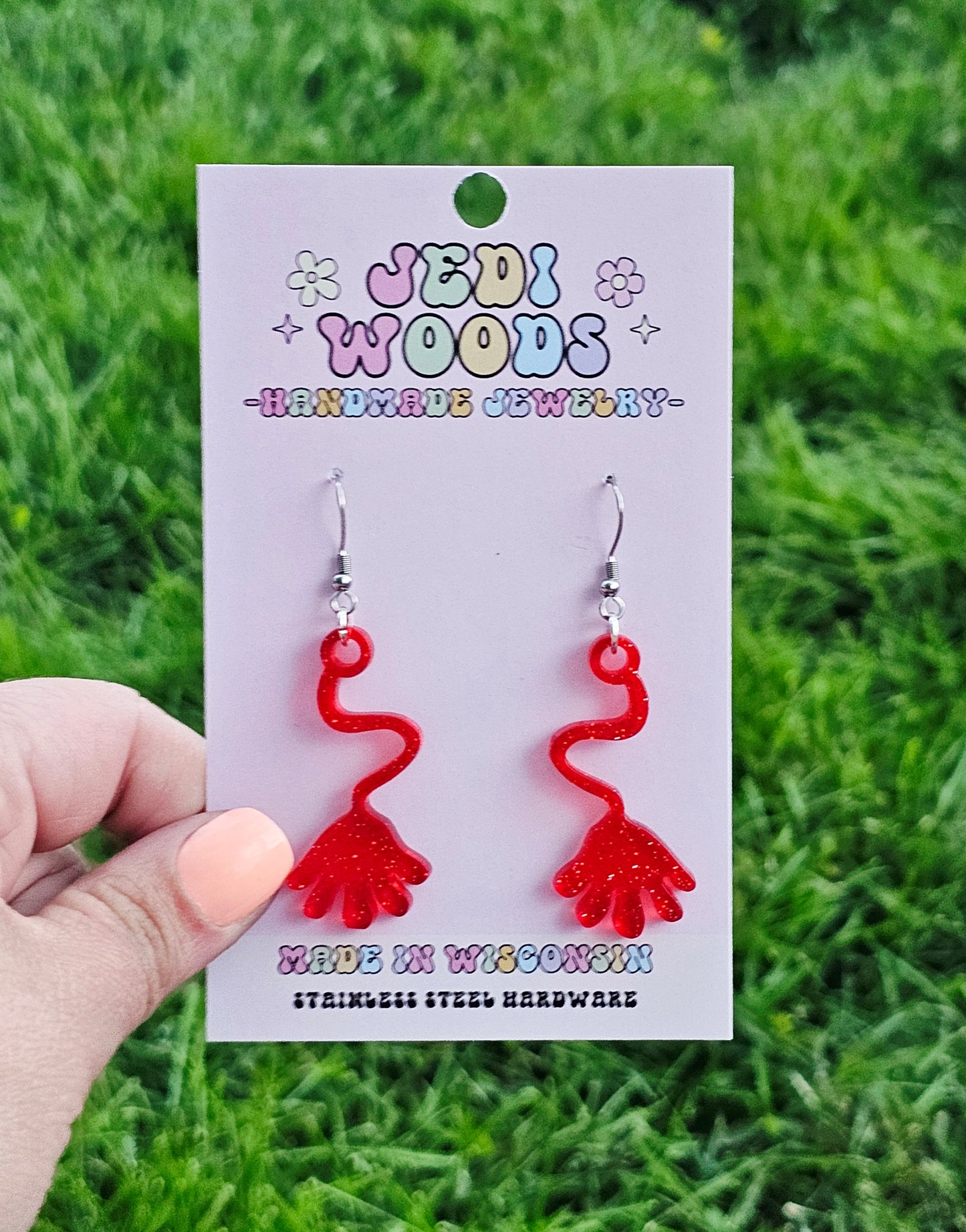 Red Retro Slappy Hand Earrings