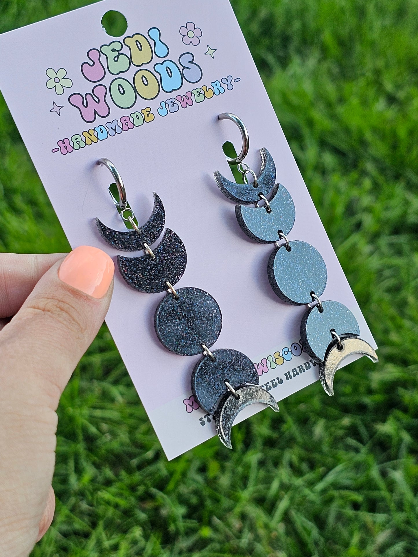 Black Glitter Moon Phase Earrings