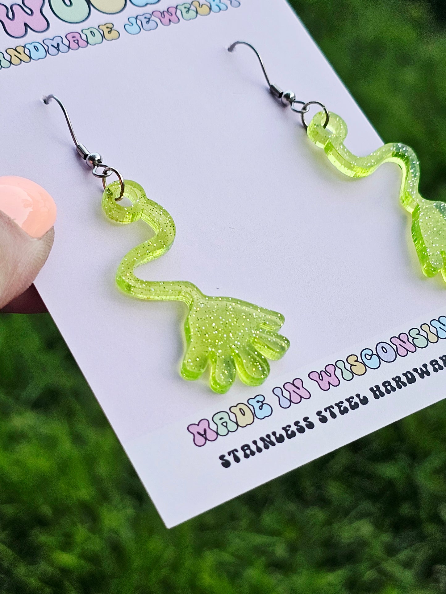 Green Retro Slappy Hand Earrings