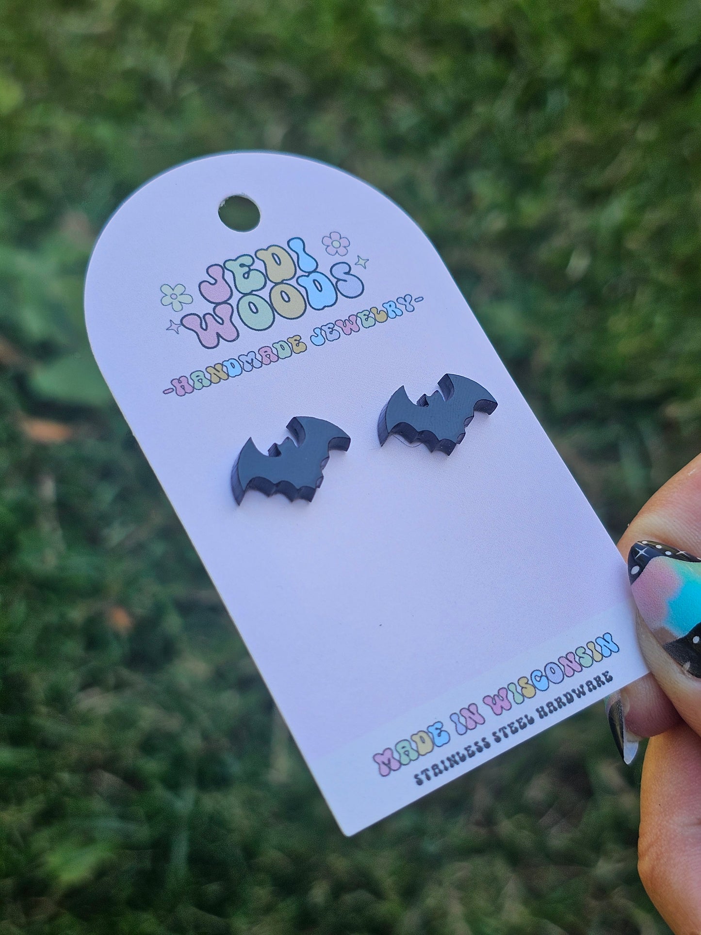 Shiny Black Bat Stud Earrings