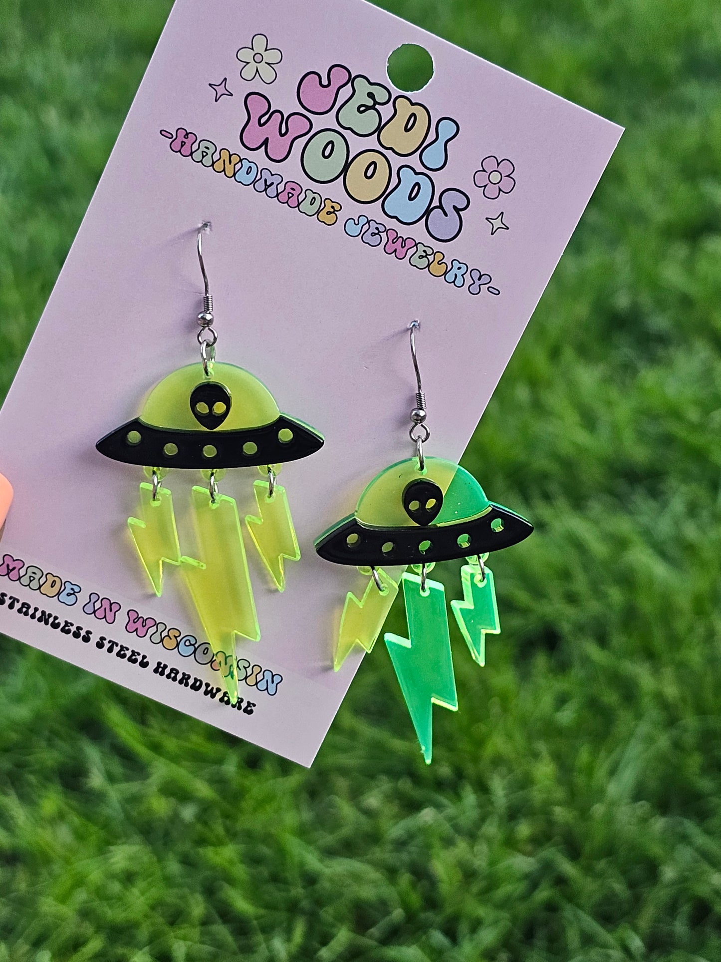Alien Invasion SpaceShip Earrings with Blacklight Reactive Acrylic