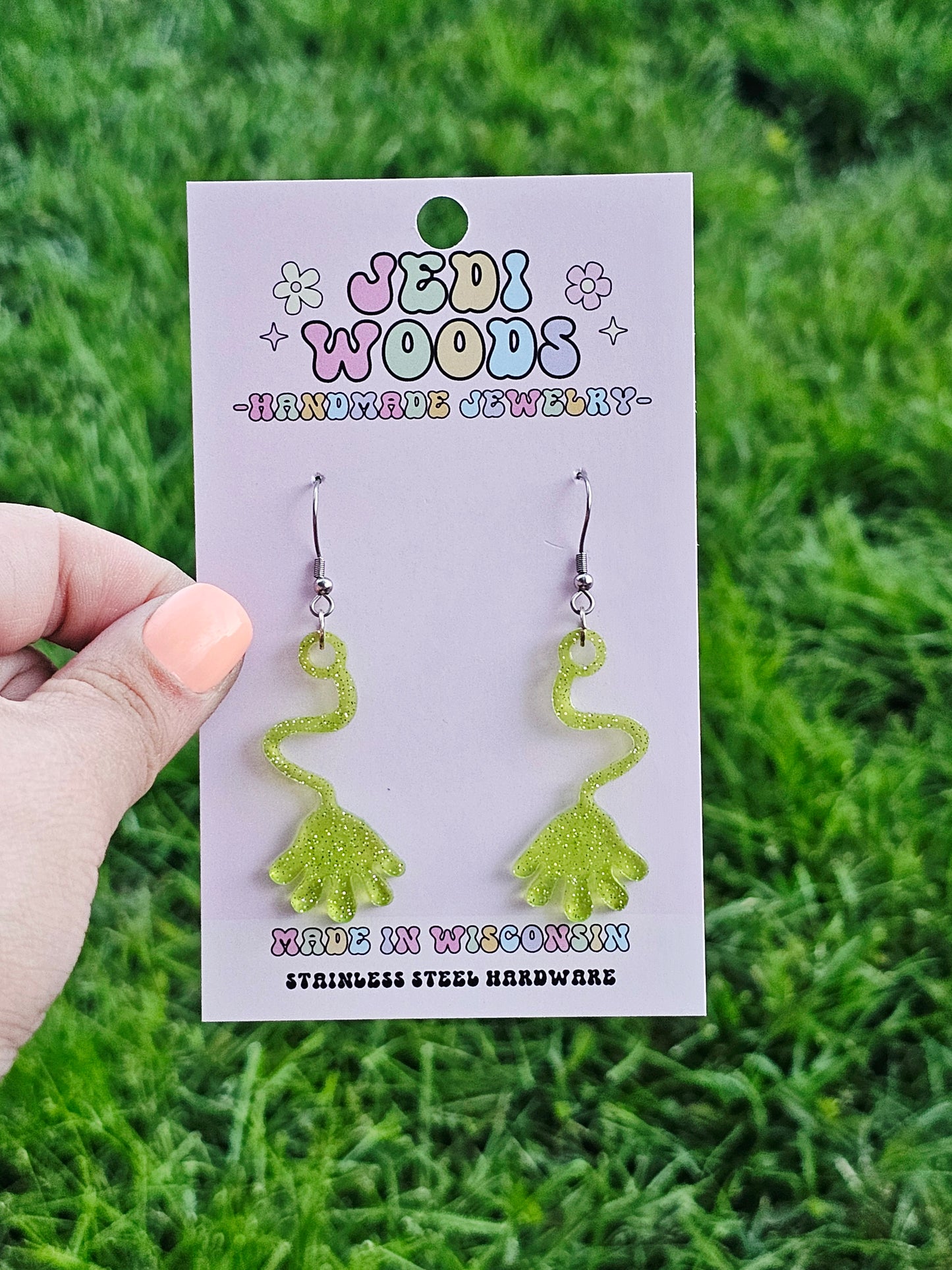 Green Retro Slappy Hand Earrings