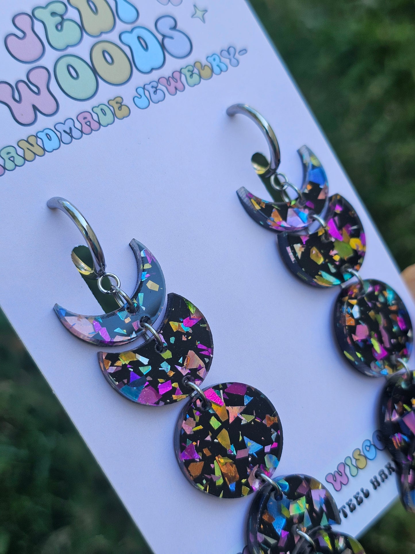Black Rainbow Flake Moon Phase Earrings
