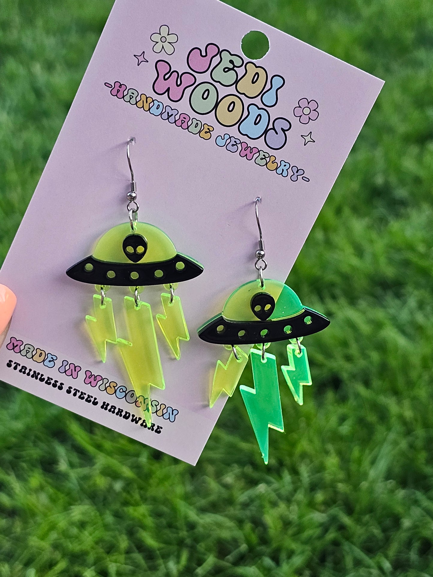 Alien Invasion SpaceShip Earrings with Blacklight Reactive Acrylic