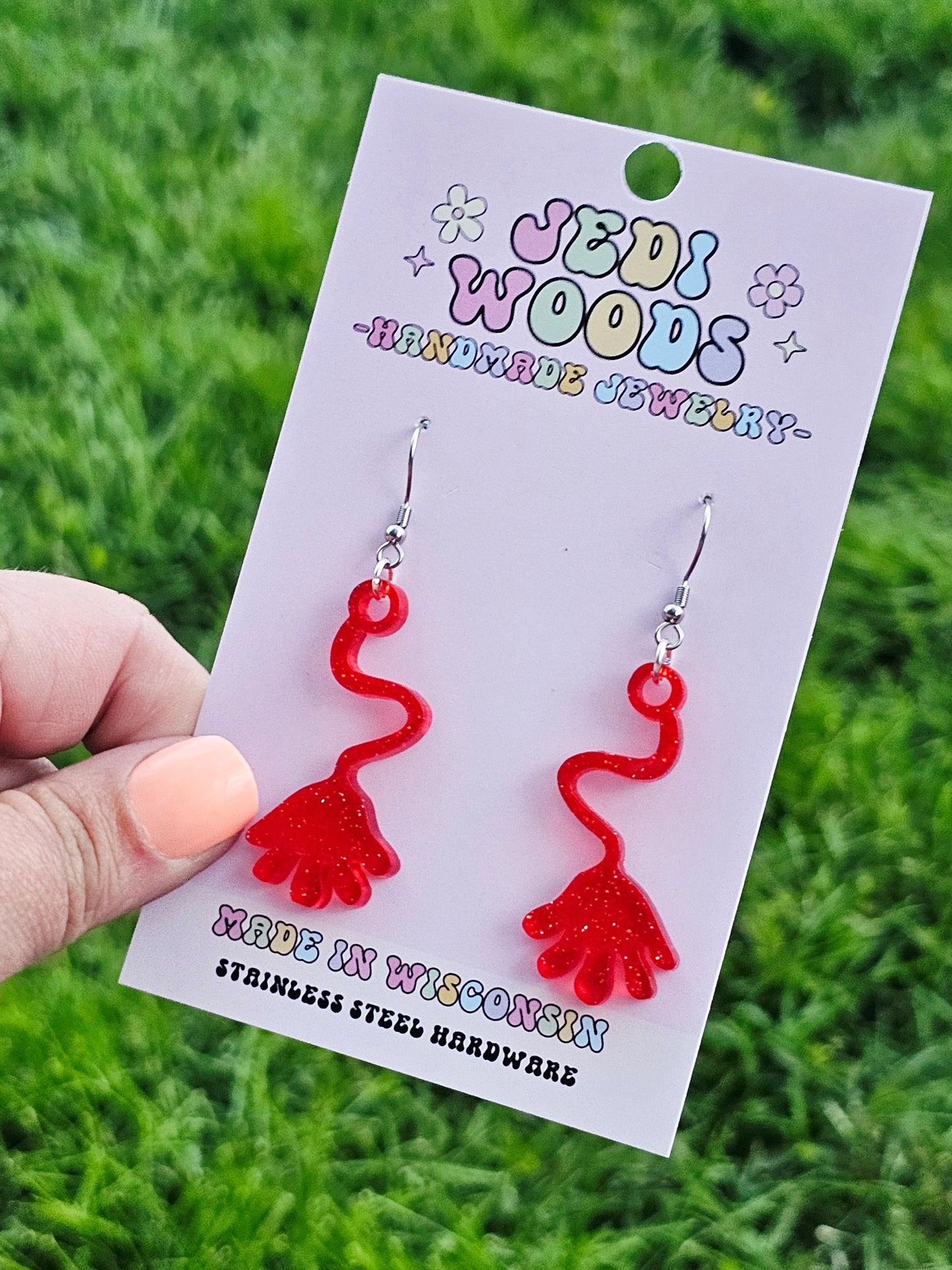 Red Retro Slappy Hand Earrings