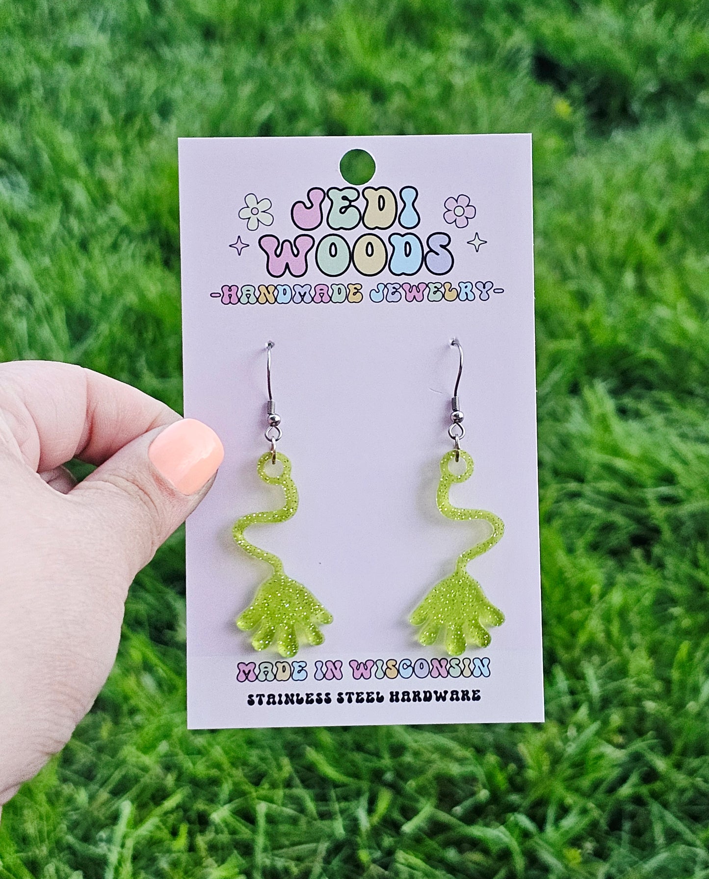 Green Retro Slappy Hand Earrings