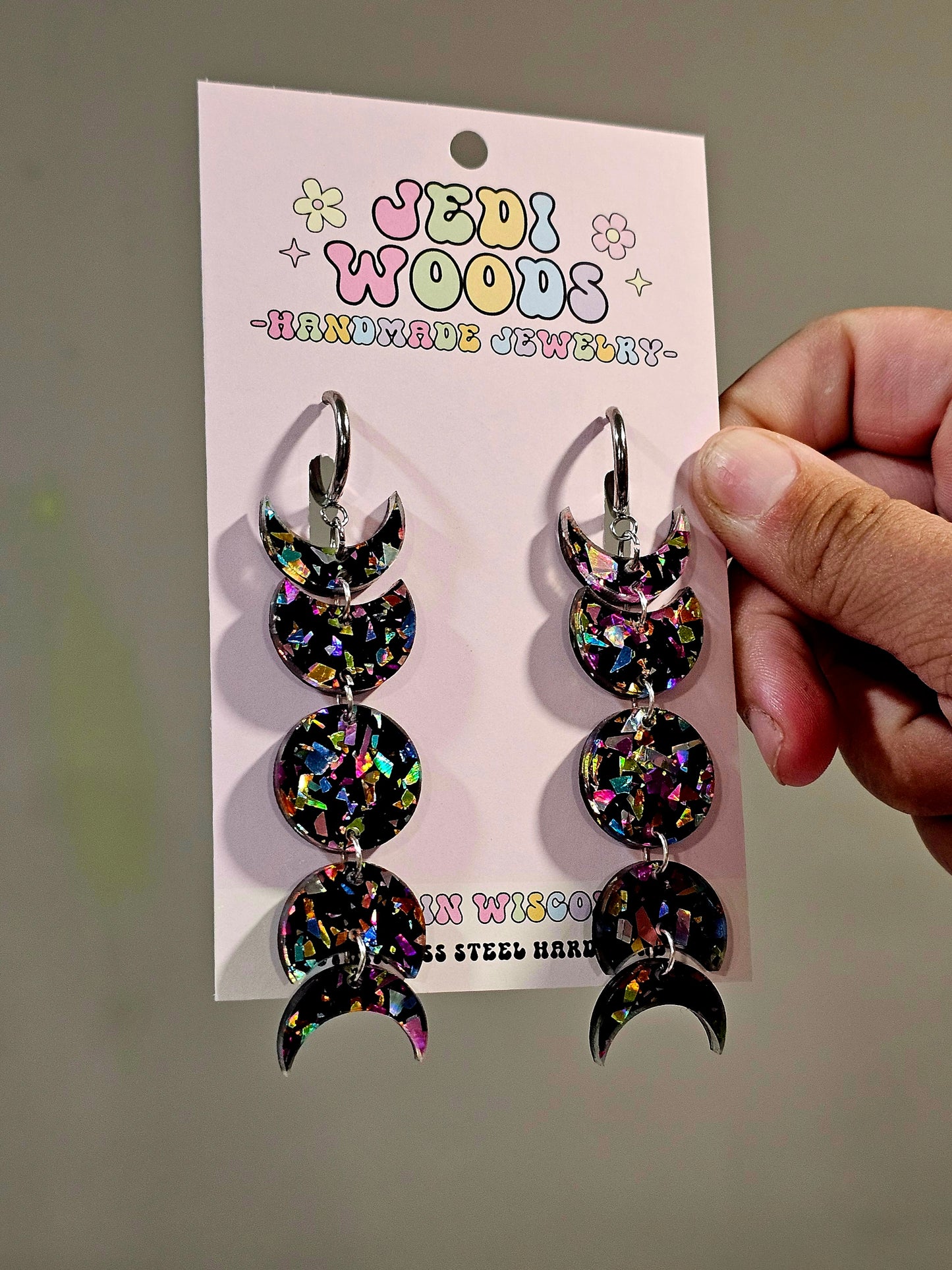 Black Rainbow Flake Moon Phase Earrings