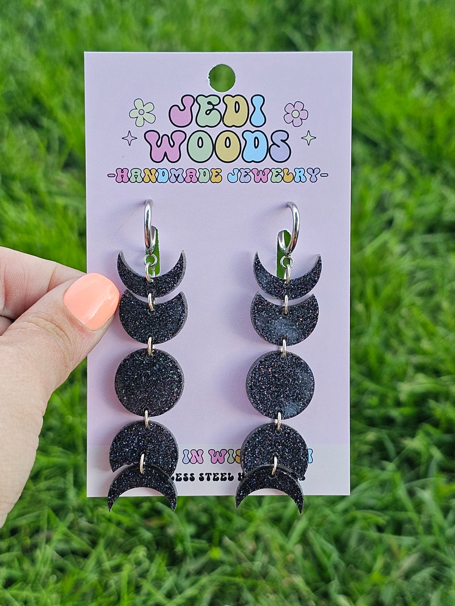 Black Glitter Moon Phase Earrings
