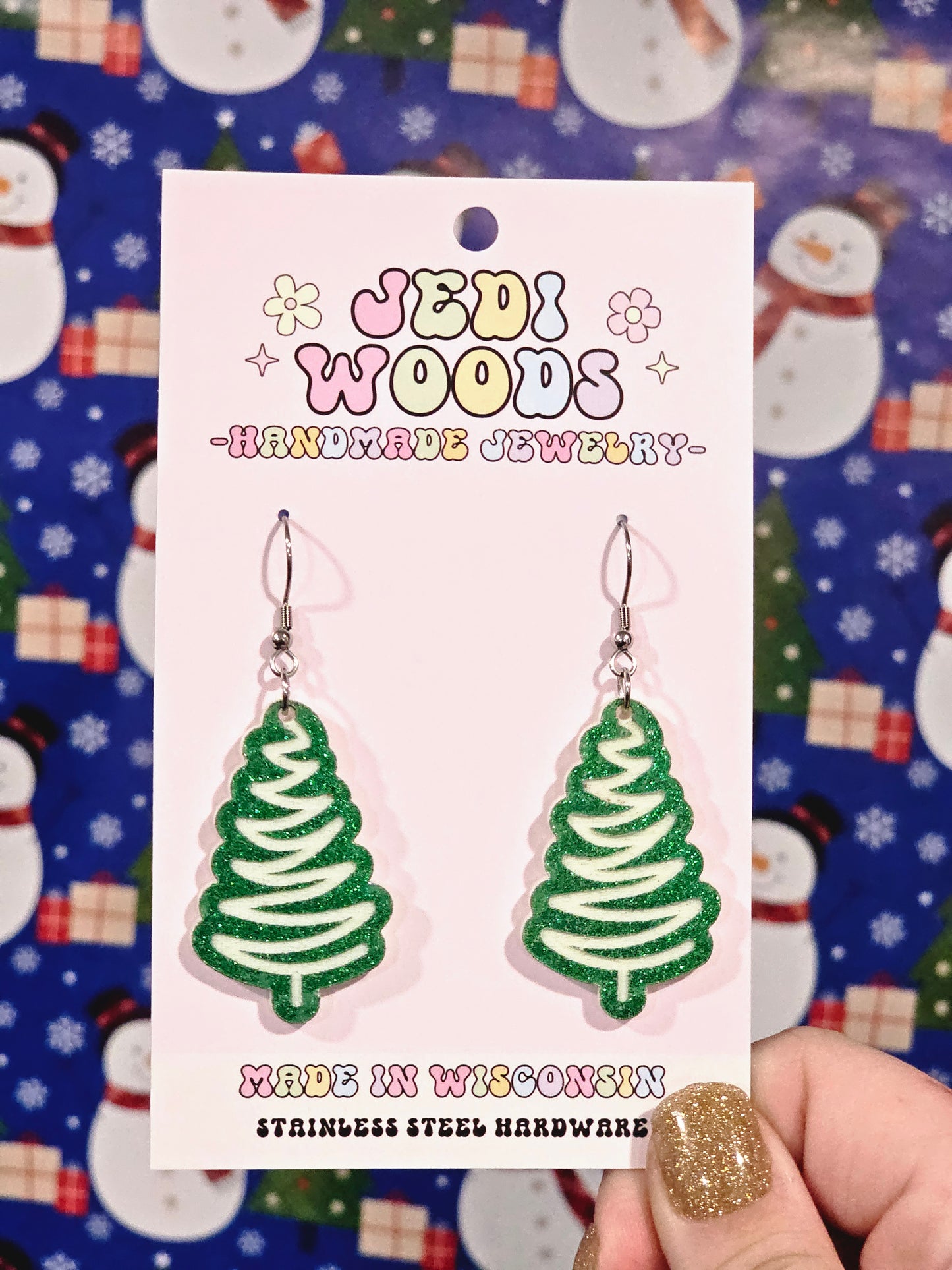 Green and White Squiggle Tree Earrings