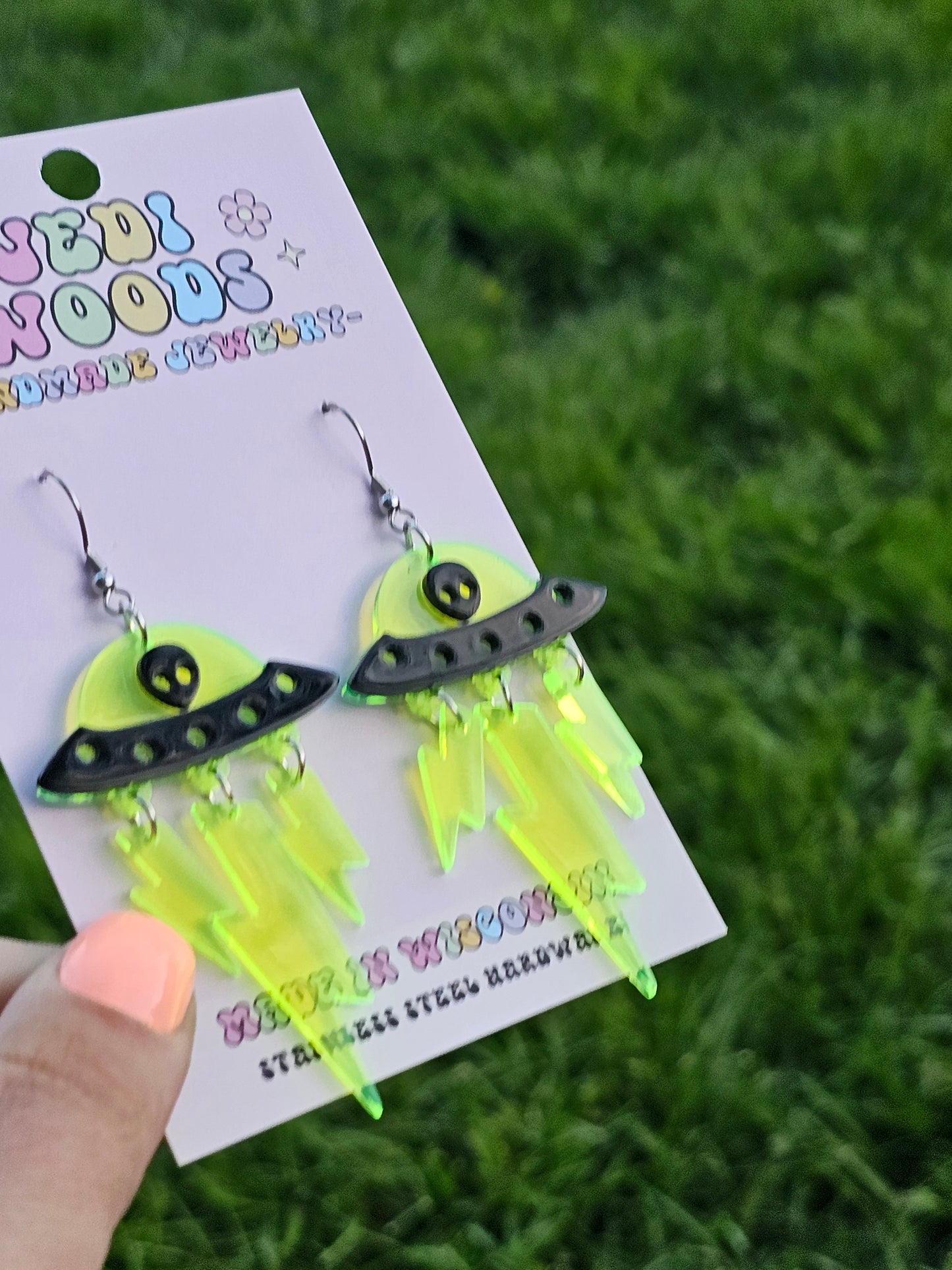 Alien Invasion SpaceShip Earrings with Blacklight Reactive Acrylic