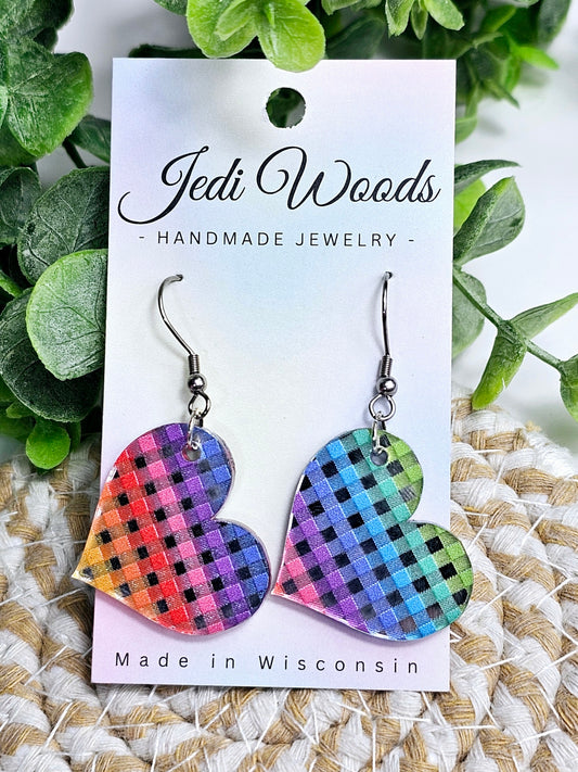 Silver Mirror Rainbow Heart Dangles