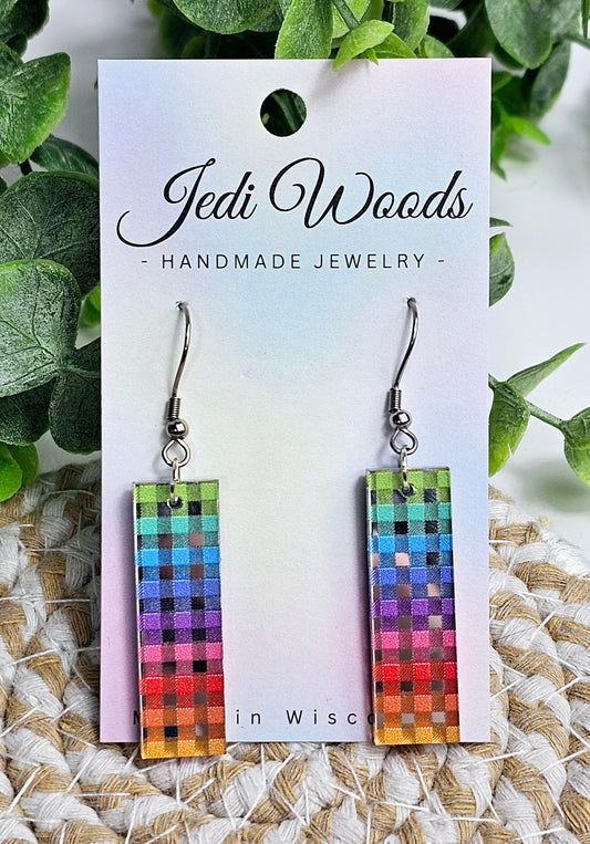 Silver Mirror Rainbow Plaid Bar Dangle