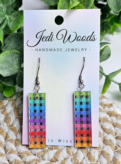 Silver Mirror Rainbow Plaid Bar Dangle