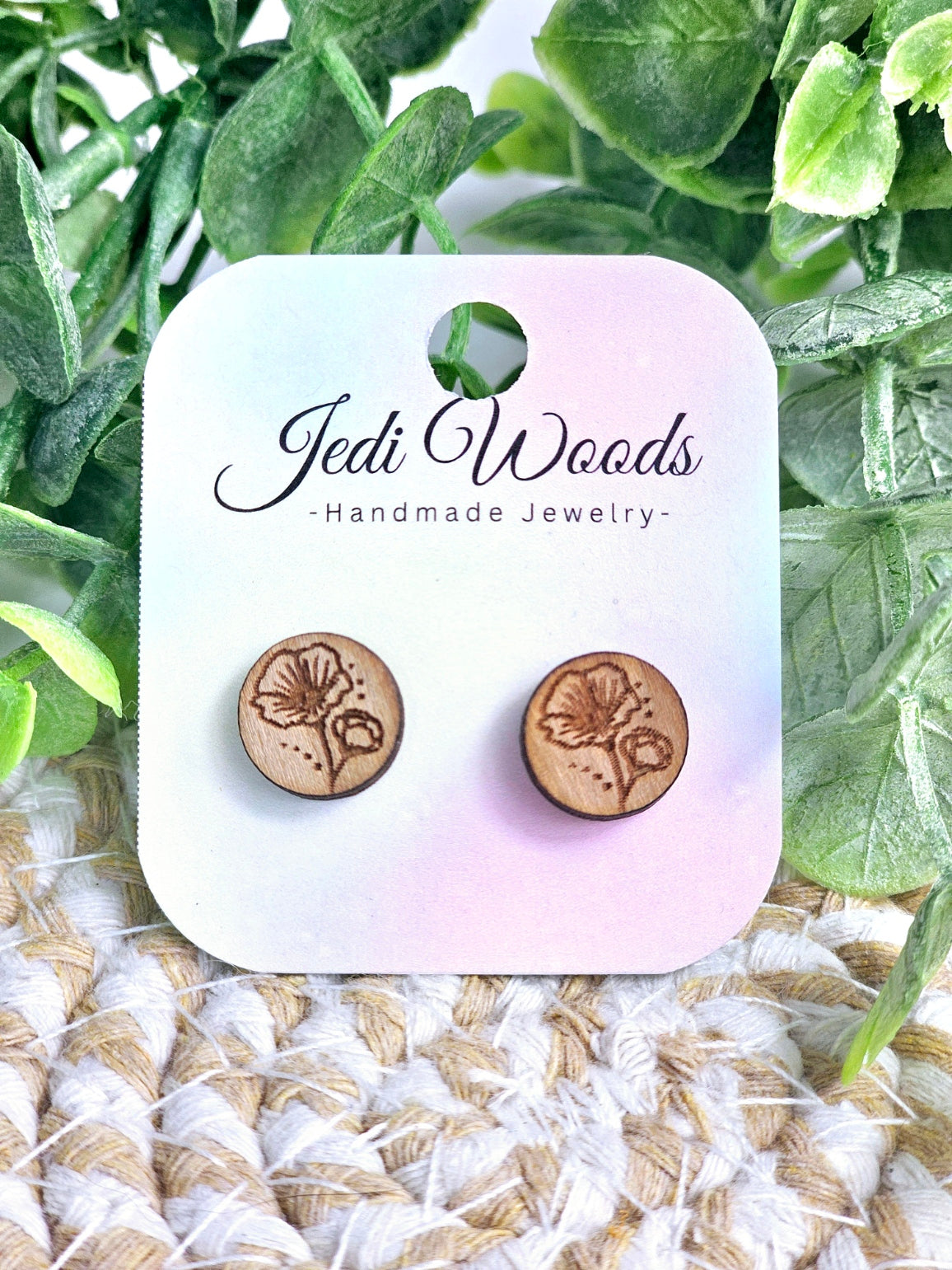 Wooden Poppy Stud Earrings