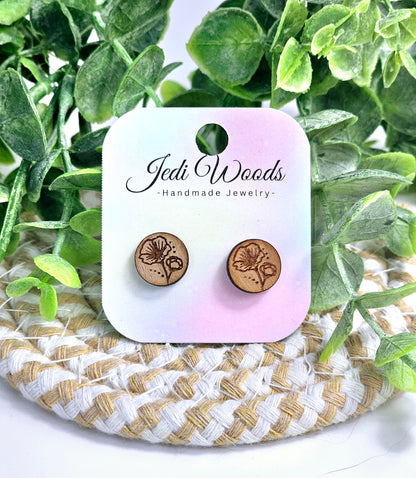 Wooden Poppy Stud Earrings