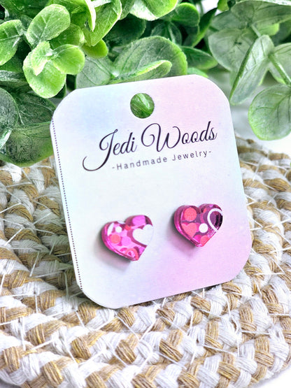 Pink Mirror Valentines Day Heart Studs