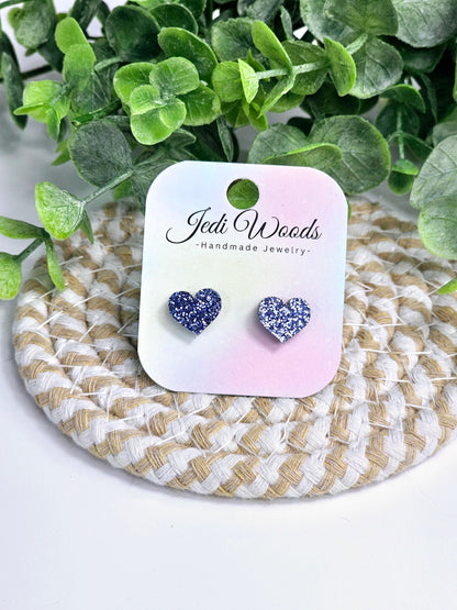 Blue Glitter Heart Studs