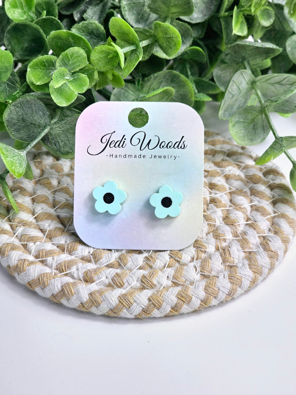 Engraved Pastel Green Flower Studs