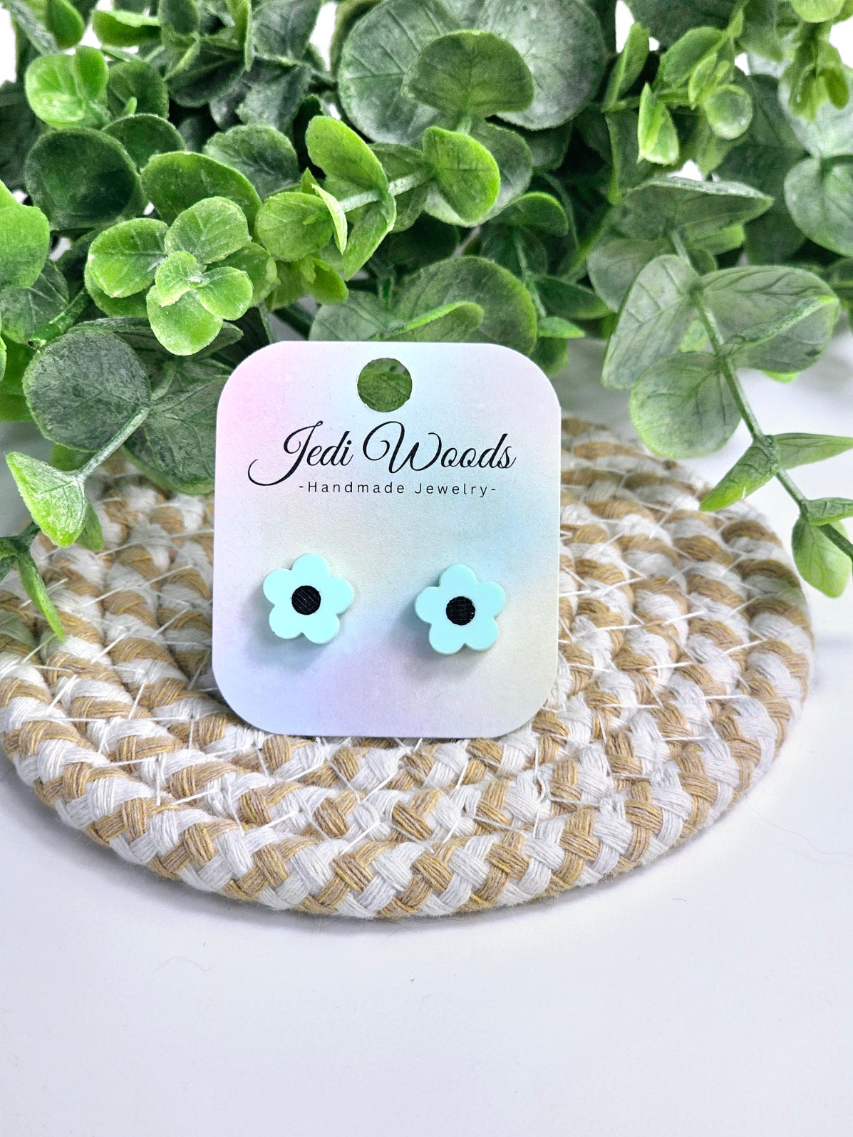 Engraved Pastel Green Flower Studs