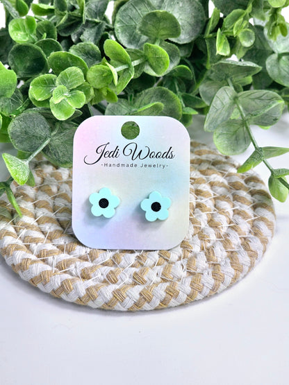 Engraved Pastel Green Flower Studs