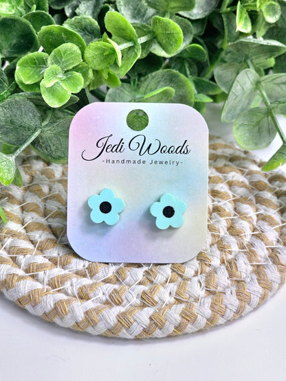 Engraved Pastel Green Flower Studs