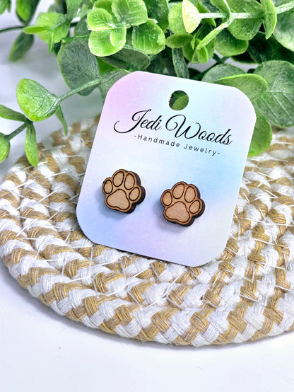 Wooden Paw Print Studs