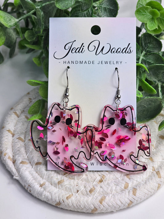 Pink Glitter Flake Ghost Cat Earrings