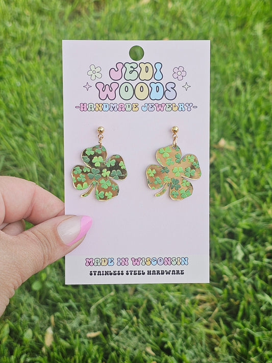 Gold Mirror 4-Leaf Clover Earrings