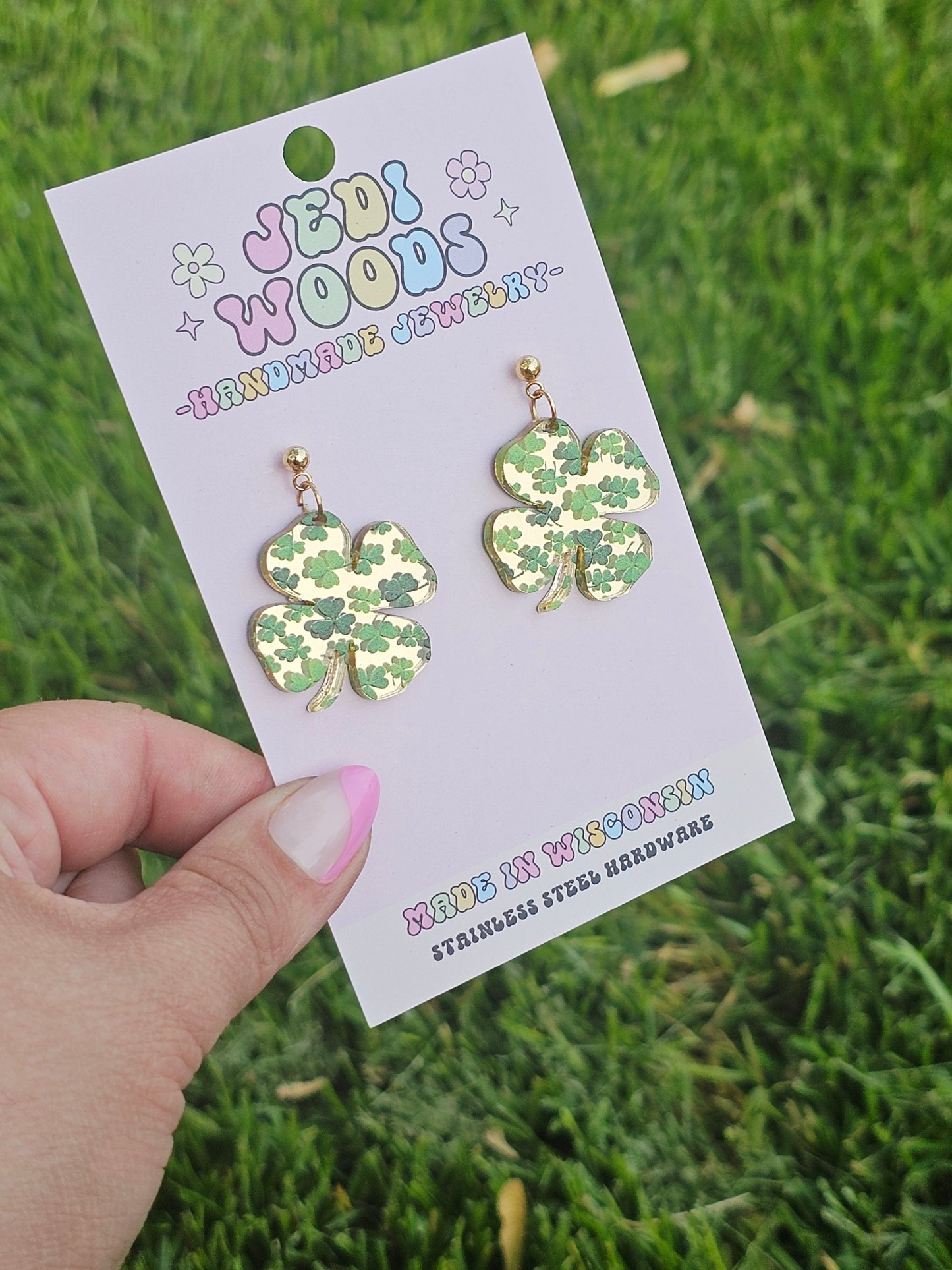 Gold Mirror 4-Leaf Clover Earrings