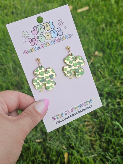 Gold Mirror 4-Leaf Clover Earrings