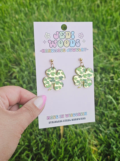 Gold Mirror 4-Leaf Clover Earrings