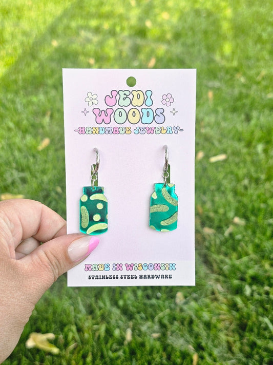Green Mirror Pickle Jar Earrings