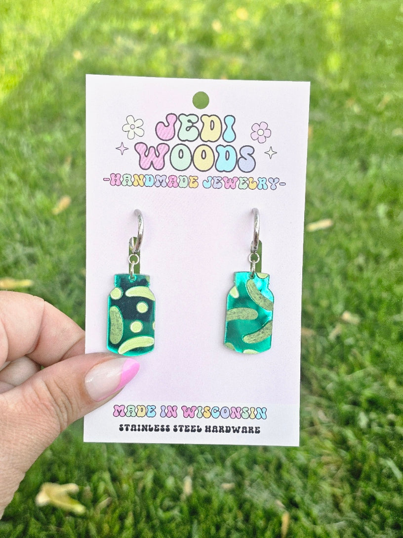 Green Mirror Pickle Jar Earrings