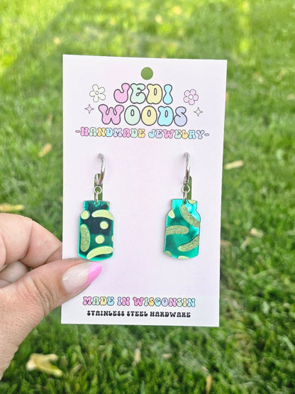Green Mirror Pickle Jar Earrings
