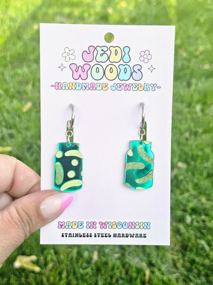 Green Mirror Pickle Jar Earrings