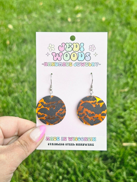 Orange Mirror Bat Medallion Earrings