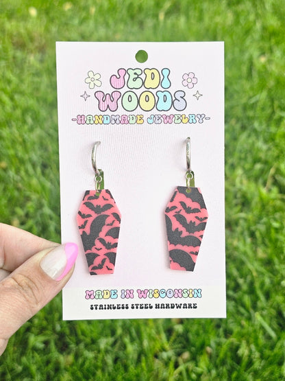 Pink Bat Coffin Earrings