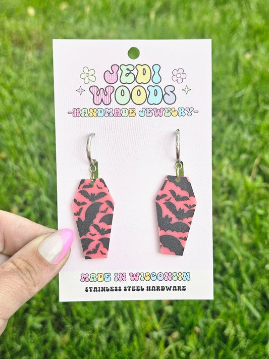 Pink Bat Coffin Earrings