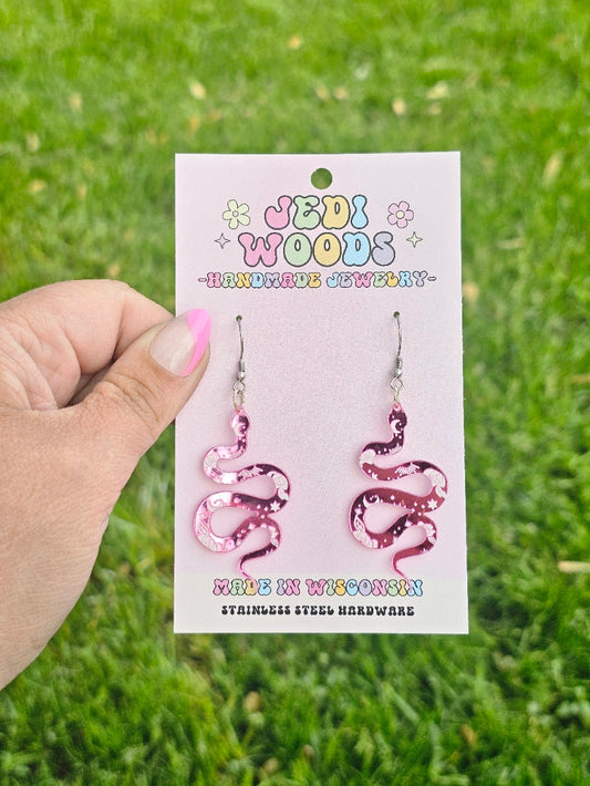 Pink Mirror Snake Earrings